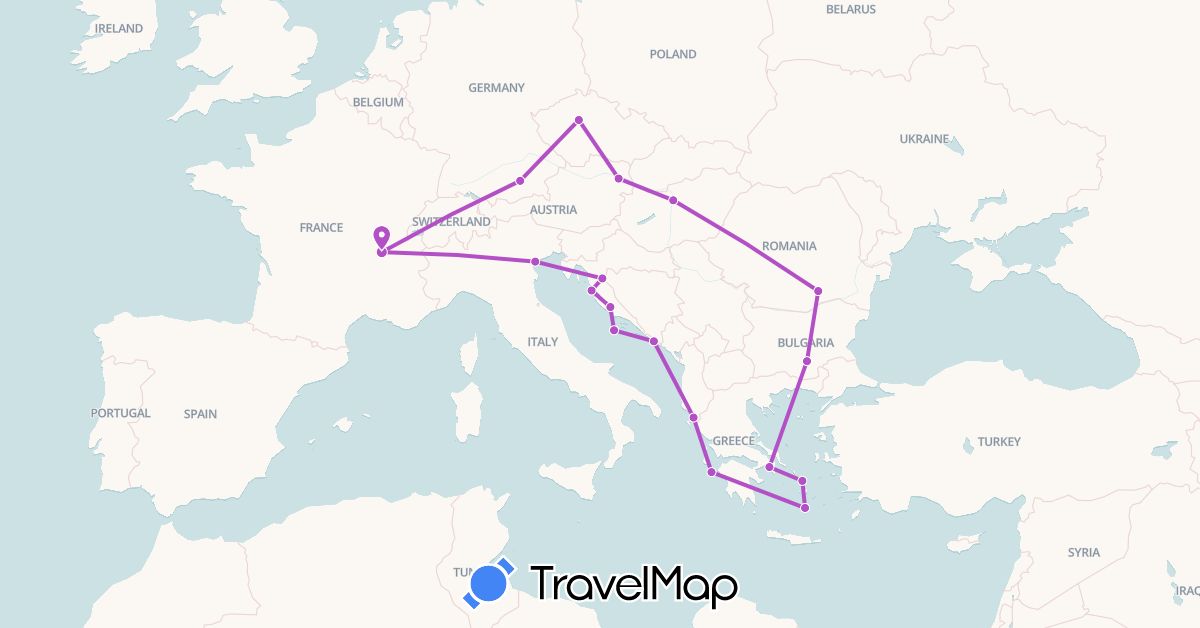 TravelMap itinerary: driving, train in Albania, Austria, Bulgaria, Czech Republic, Germany, France, Greece, Croatia, Hungary, Italy, Romania (Europe)